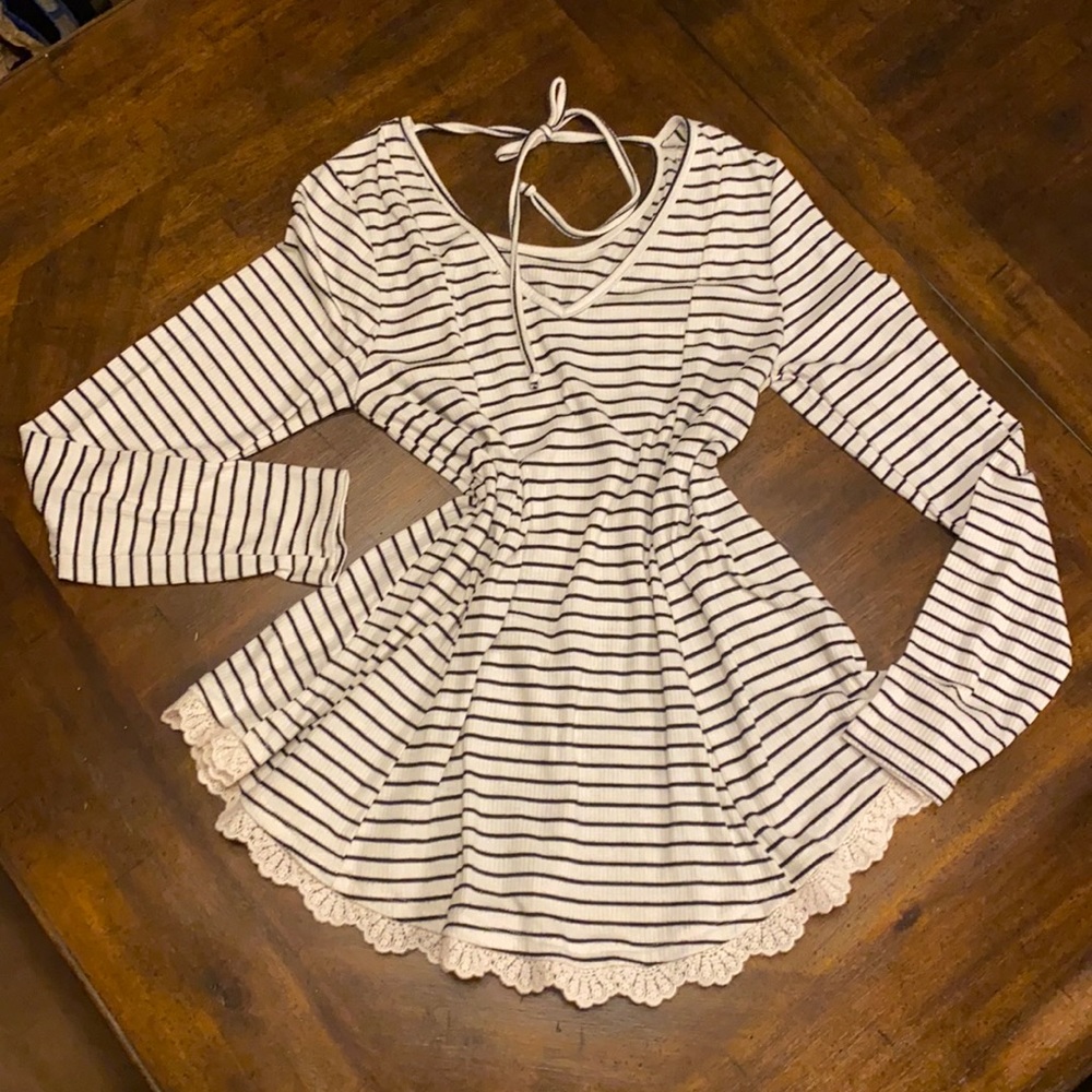Xhileration striped cotton tunic top w/lace trim